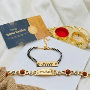 Personalised bhaiya bhabhi set with rudraksha stone name bracelet rakhi, black-bead mangalsutra name bracelet, gold roli-chawal thali and greeting card