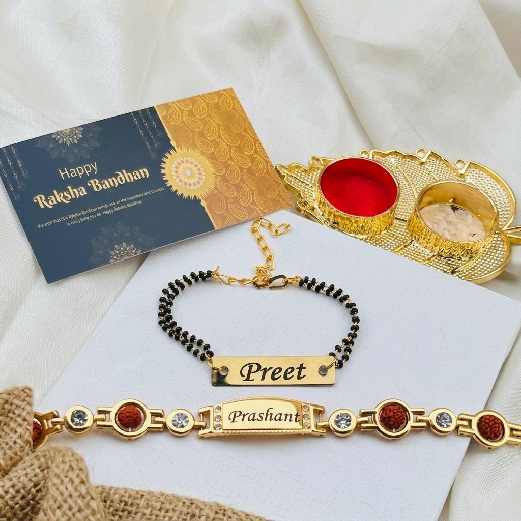 Personalised bhaiya bhabhi set with rudraksha stone name bracelet rakhi, black-bead mangalsutra name bracelet, gold roli-chawal thali and greeting card