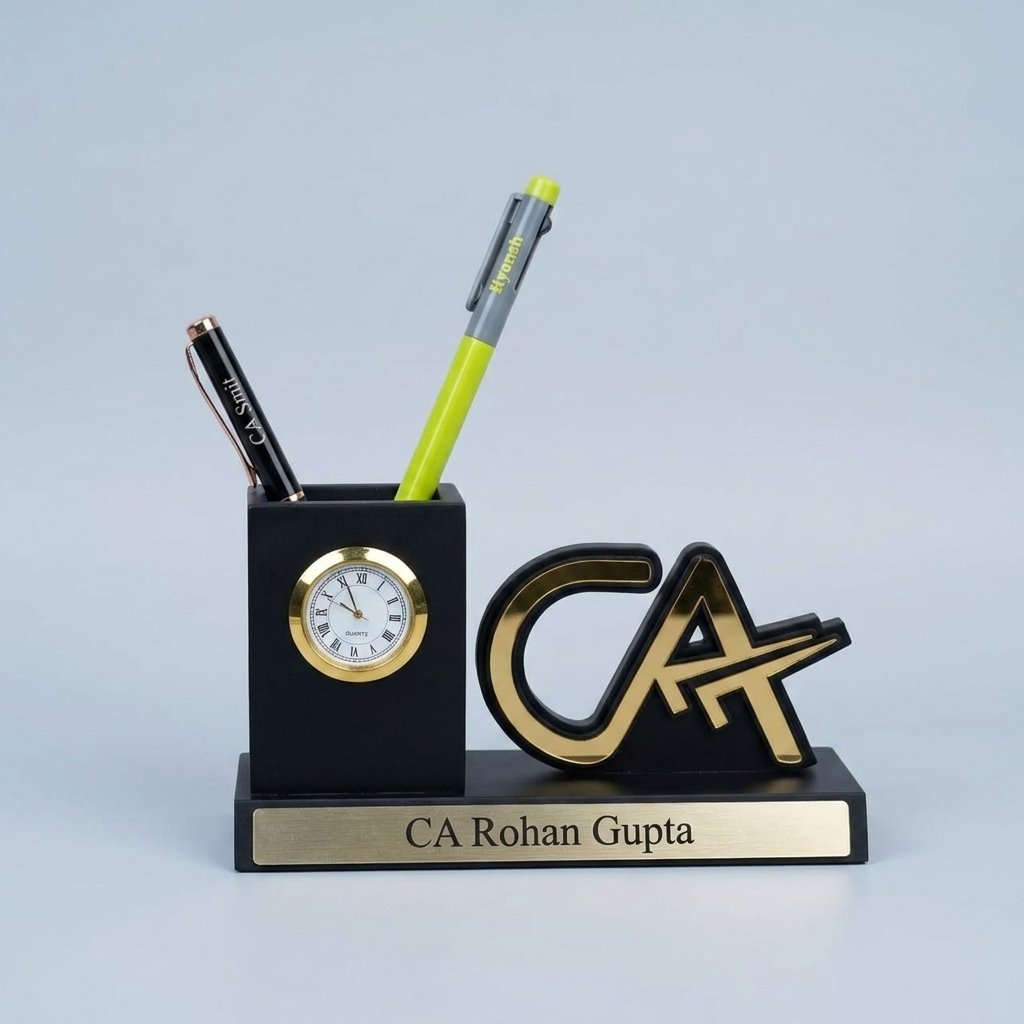 Personalised CA Pen Stand with Name & Clock – Chartered Accountant Desk Organiser — lifestyle photo in real gifting setting