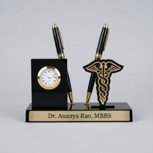 Personalised Doctor Pen Stand with Name & Clock – Caduceus Desk Organiser — lifestyle photo in real gifting setting