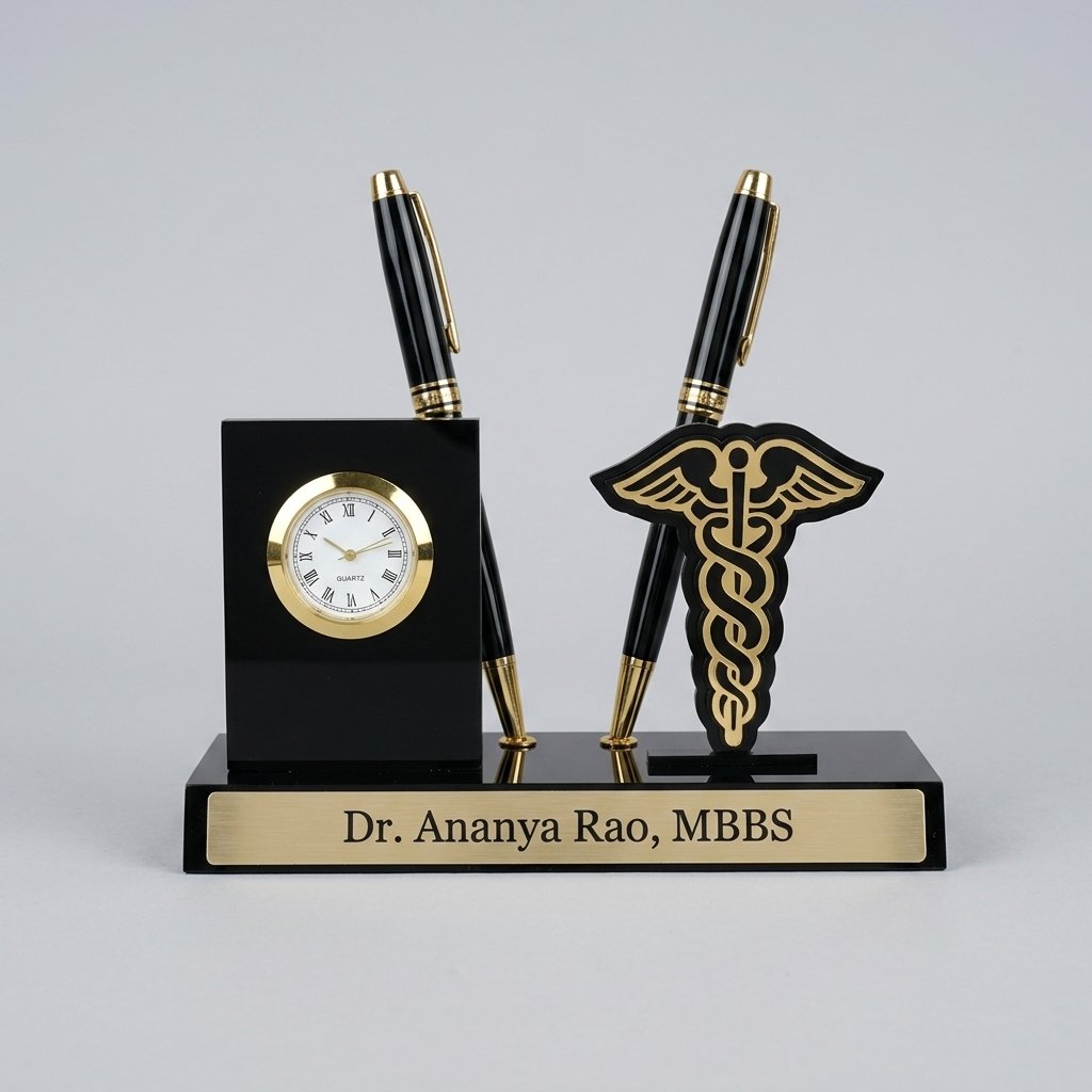 Personalised Doctor Pen Stand with Name & Clock – Caduceus Desk Organiser — lifestyle photo in real gifting setting