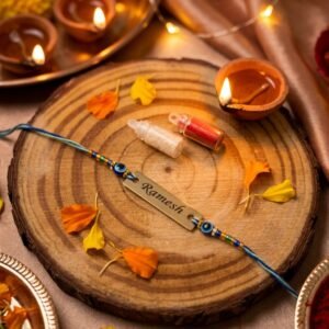 Personalised Evil-Eye Thread Rakhi with Name — close-up detail view showing personalisation and craftsmanship