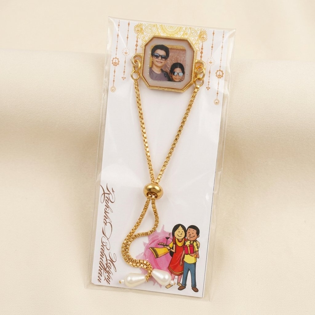 Personalised Photo Rakhi for Brother – Resin Set Photo Frame Rakhi with Adjustable Gold-Tone Chain — gift-ready presentation suitable for special occasions