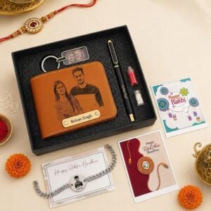 Personalised photo sketch rakhi hamper with engraved wallet, keychain, steel rakhi and pen