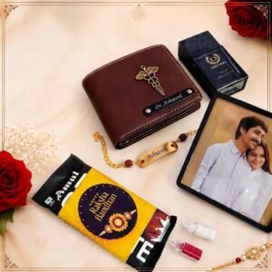 Personalised rakhi combo with Nexon wallet, charm, photo plug-in lamp, perfume and name rakhi