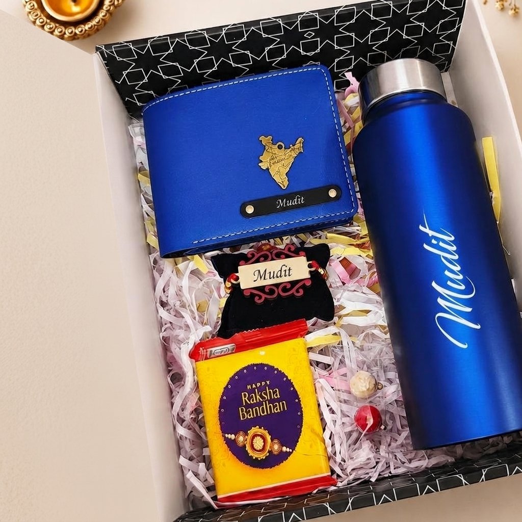 Personalised Rakhi Hamper – Engraved 750ml Bottle, Wallet & Custom Rakhi Gift Box for Brother — lifestyle photo in real gifting setting