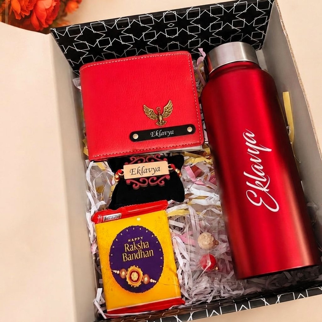 Personalised Rakhi Hamper – Engraved 750ml Bottle, Wallet & Custom Rakhi Gift Box for Brother — lifestyle photo in real gifting setting