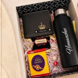 Personalised Rakhi Hamper – Engraved 750ml Bottle, Wallet & Custom Rakhi Gift Box for Brother — lifestyle photo in real gifting setting