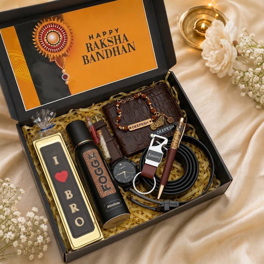 Personalised rakhi hamper with croc wallet, watch, belt, Fogg deodorant, pen and name rakhi in gift box