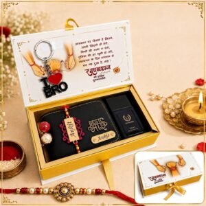 Personalised black Phoenix wallet rakhi hamper with I love bro keychain, Best Bhai charm and name rakhi