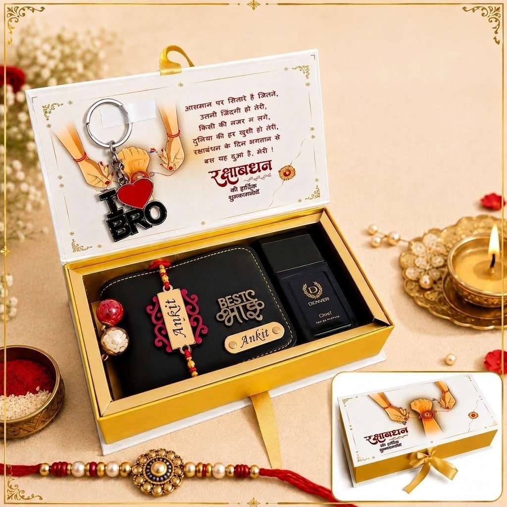 Personalised black Phoenix wallet rakhi hamper with I love bro keychain, Best Bhai charm and name rakhi