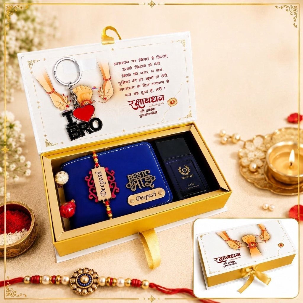 Personalised royal blue Phoenix wallet rakhi hamper with keychain and name rakhi