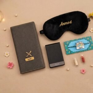 Personalised rakhi hamper with engraved travel organiser, card holder, eye mask and rakhi