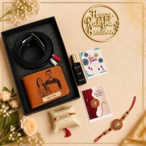 Personalised sketch wallet rakhi hamper with belt, perfume and name rakhi