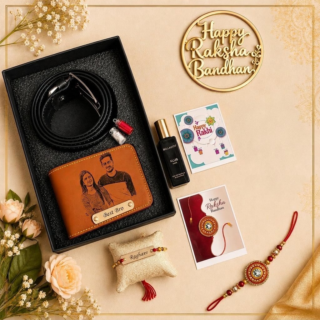 Personalised sketch wallet rakhi hamper with belt, perfume and name rakhi