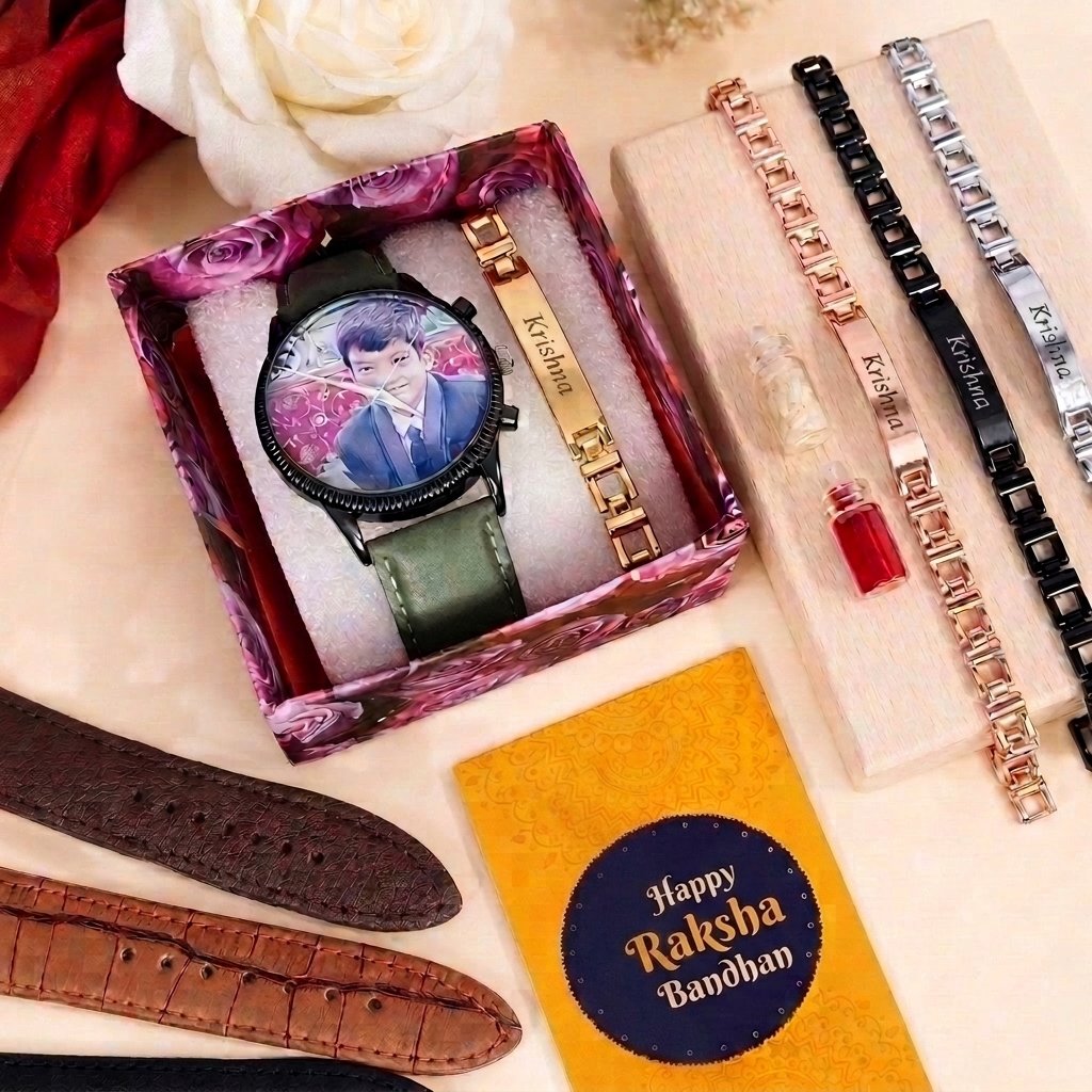 Personalised Rakhi Hamper – Photo Print Wrist Watch & Stainless Steel Name Rakhi Gift Box for Brother — lifestyle photo in real gifting setting