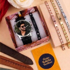 Personalised Rakhi Hamper – Photo Print Wrist Watch & Stainless Steel Name Rakhi Gift Box for Brother — lifestyle photo in real gifting setting