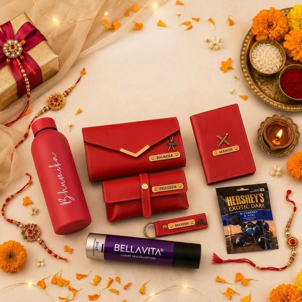 Personalised Rakhi Sister Hamper with Name – Flask, Ladies Wallet, Passport Cover, Eyewear Case, Keychain, Deodorant & Face Mask in Gift Box — gift-ready presentation suitable for special occasions
