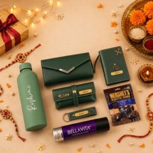Personalised Rakhi Sister Hamper with Name – Flask, Ladies Wallet, Passport Cover, Eyewear Case, Keychain, Deodorant & Face Mask in Gift Box — gift-ready presentation suitable for special occasions