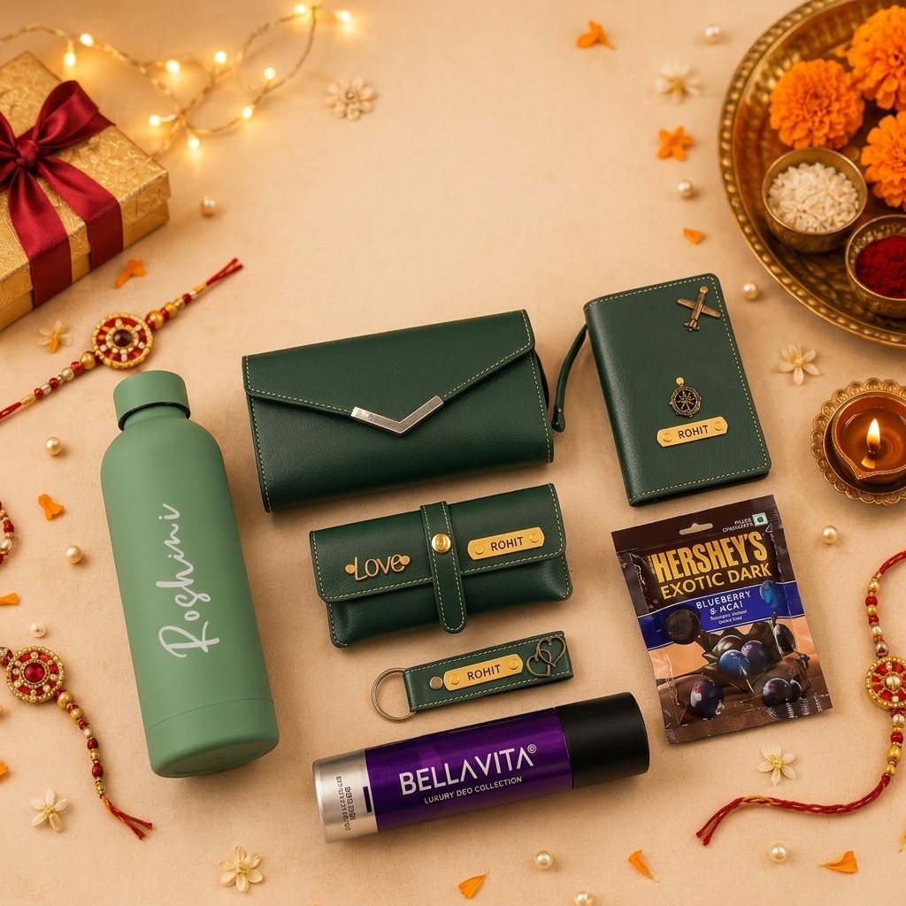 Personalised Rakhi Sister Hamper with Name – Flask, Ladies Wallet, Passport Cover, Eyewear Case, Keychain, Deodorant & Face Mask in Gift Box — gift-ready presentation suitable for special occasions