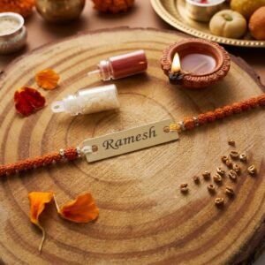 Personalised Tulsi-Bead Thread Rakhi with Name — close-up detail view showing personalisation and craftsmanship