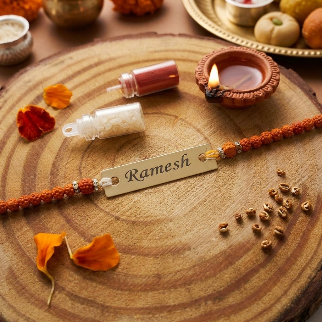 Personalised Tulsi-Bead Thread Rakhi with Name — close-up detail view showing personalisation and craftsmanship
