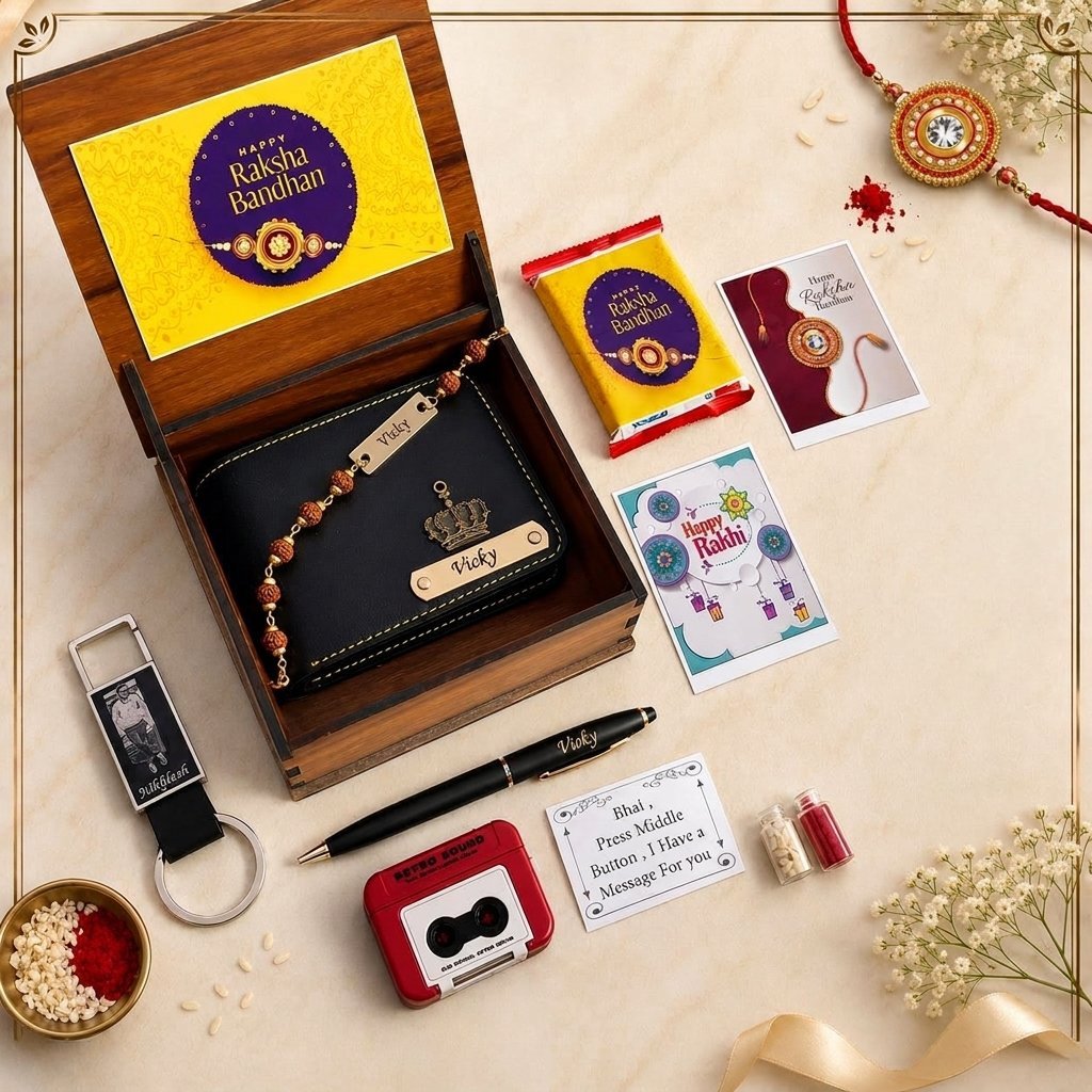 Personalised voice recorder rakhi hamper with wooden box, wallet, keychain, pen and rakhi