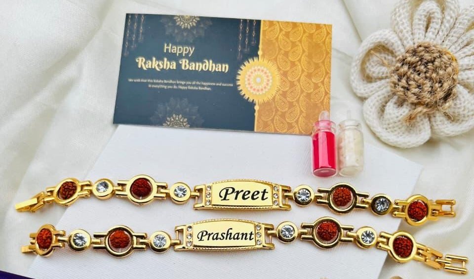 Personalised Rudraksha & Stone Name Bracelet Rakhi with Roli-Chawal & Greeting Card - Image 2