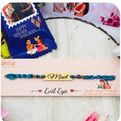 Evil Eye personalised name thread rakhi with evil eye beads and engraved name plate