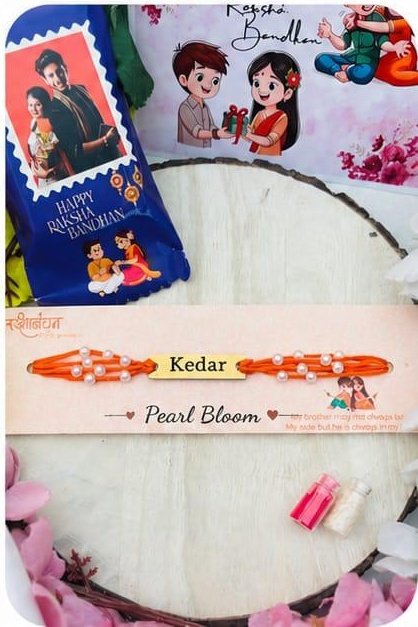 Pearl Bloom personalised name thread rakhi with pearl cluster and engraved name plate