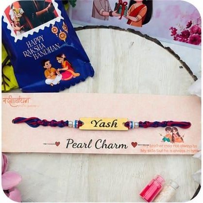Pearl Charm personalised name thread rakhi with pearl beads and engraved name plate