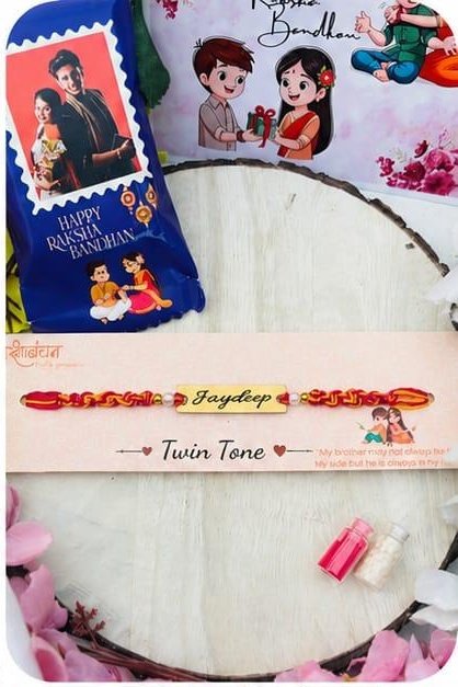Twin Tone personalised name thread rakhi with two-colour braided thread and engraved name plate