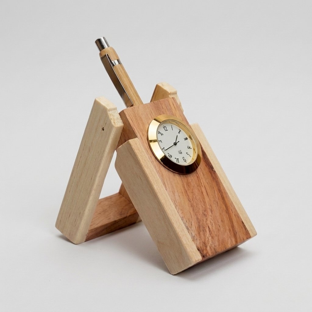 Personalised Wooden Pen Stand with Clock – Name or Company Logo Engraved Desk Organiser — close-up detail view showing personalisation and craftsmanship