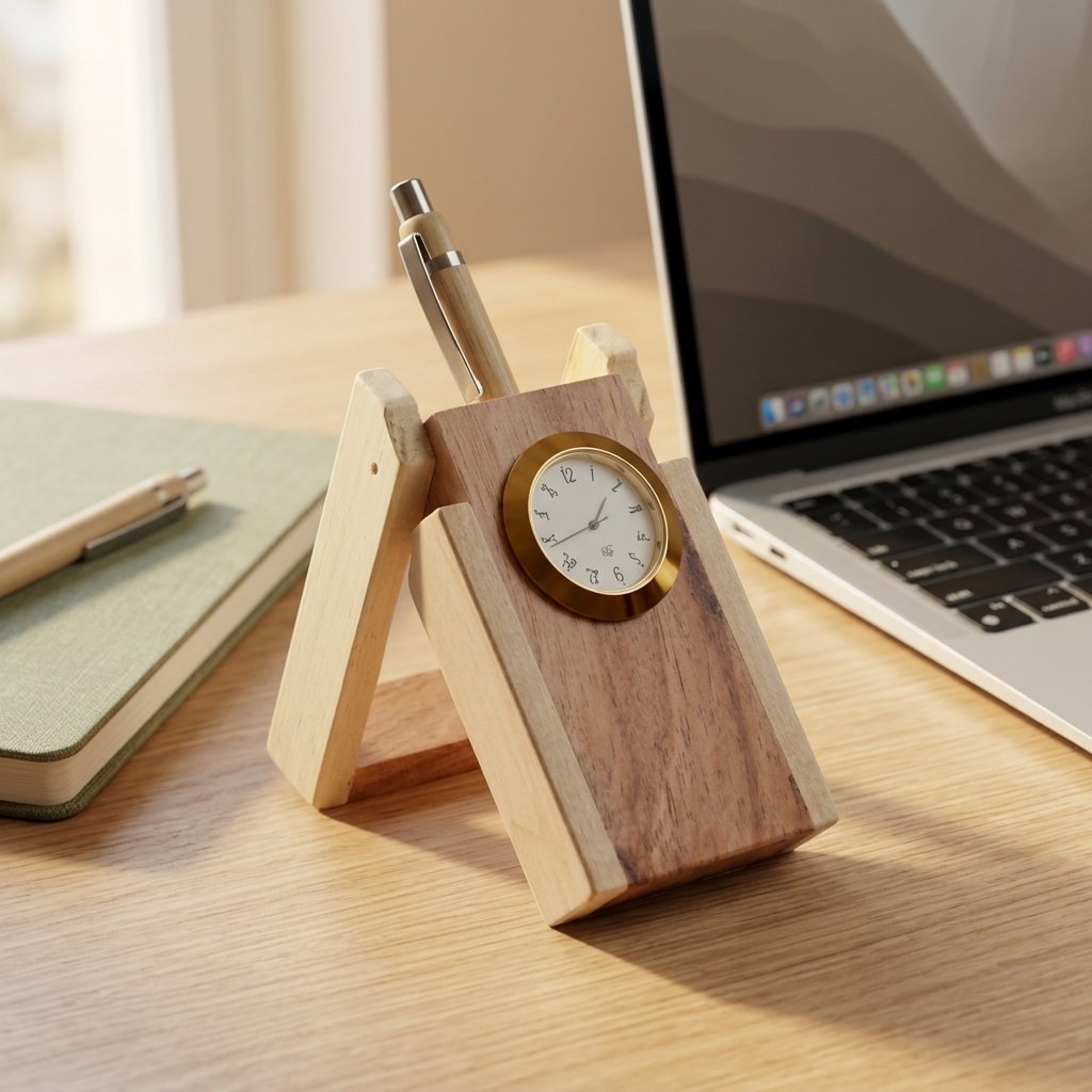 Personalised Wooden Pen Stand with Clock – Name or Company Logo Engraved Desk Organiser — lifestyle photo in real gifting setting