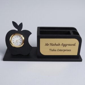 Personalised Apple Shape Pen Stand with Clock & Engraved Gold Nameplate – Desk Organiser — lifestyle photo in real gifting setting