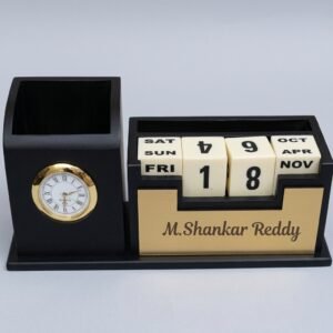 Personalised Wooden Desk Organiser with Clock, Perpetual Calendar, Pen Stand & Phone Holder – Engraved Name Plate — lifestyle photo in real gifting setting
