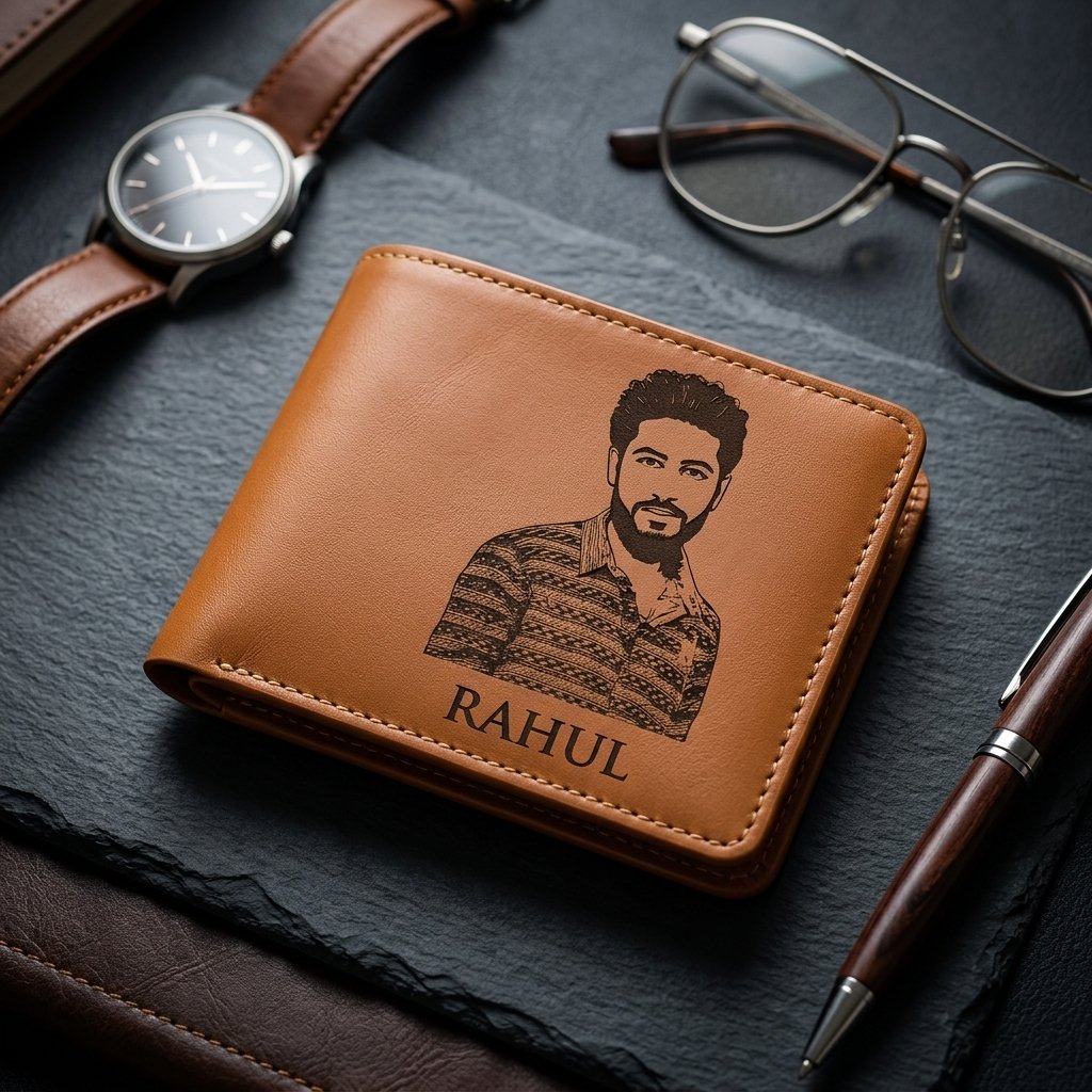 Engraved leather wallet personalised with a name