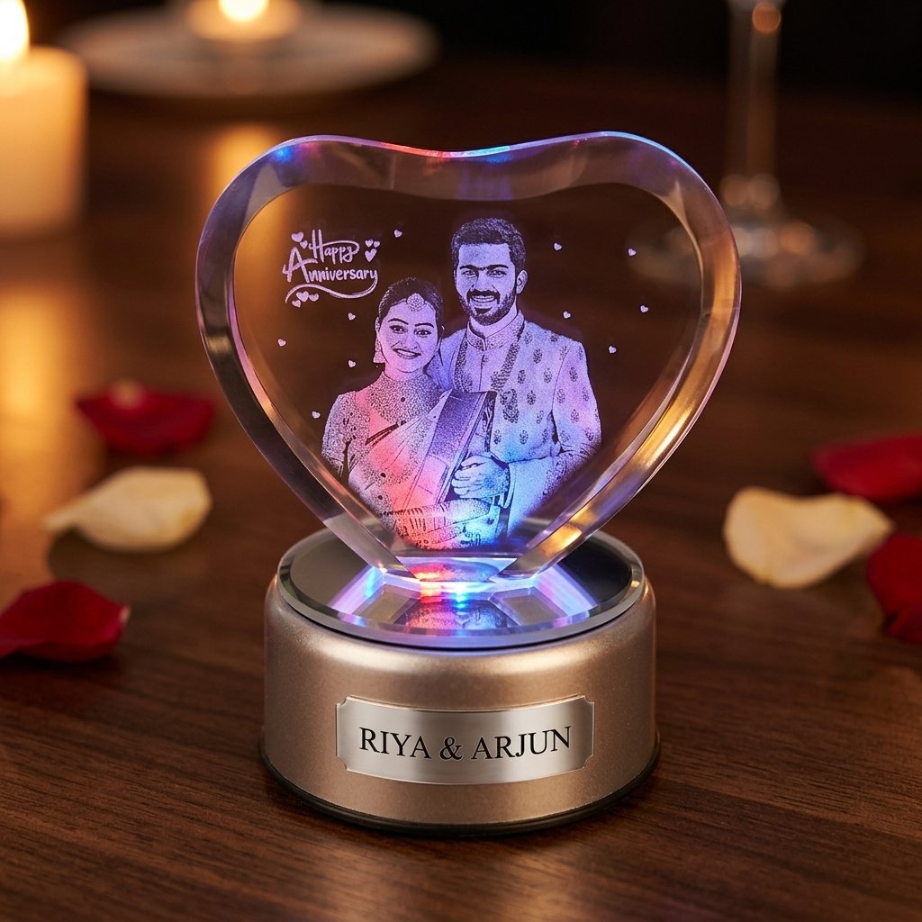 Engraved heart crystal anniversary gift with a couple photo