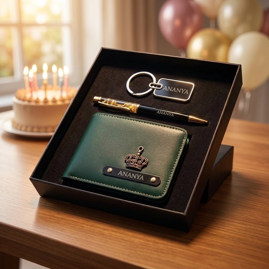 Personalised birthday gift set with an engraved name plate