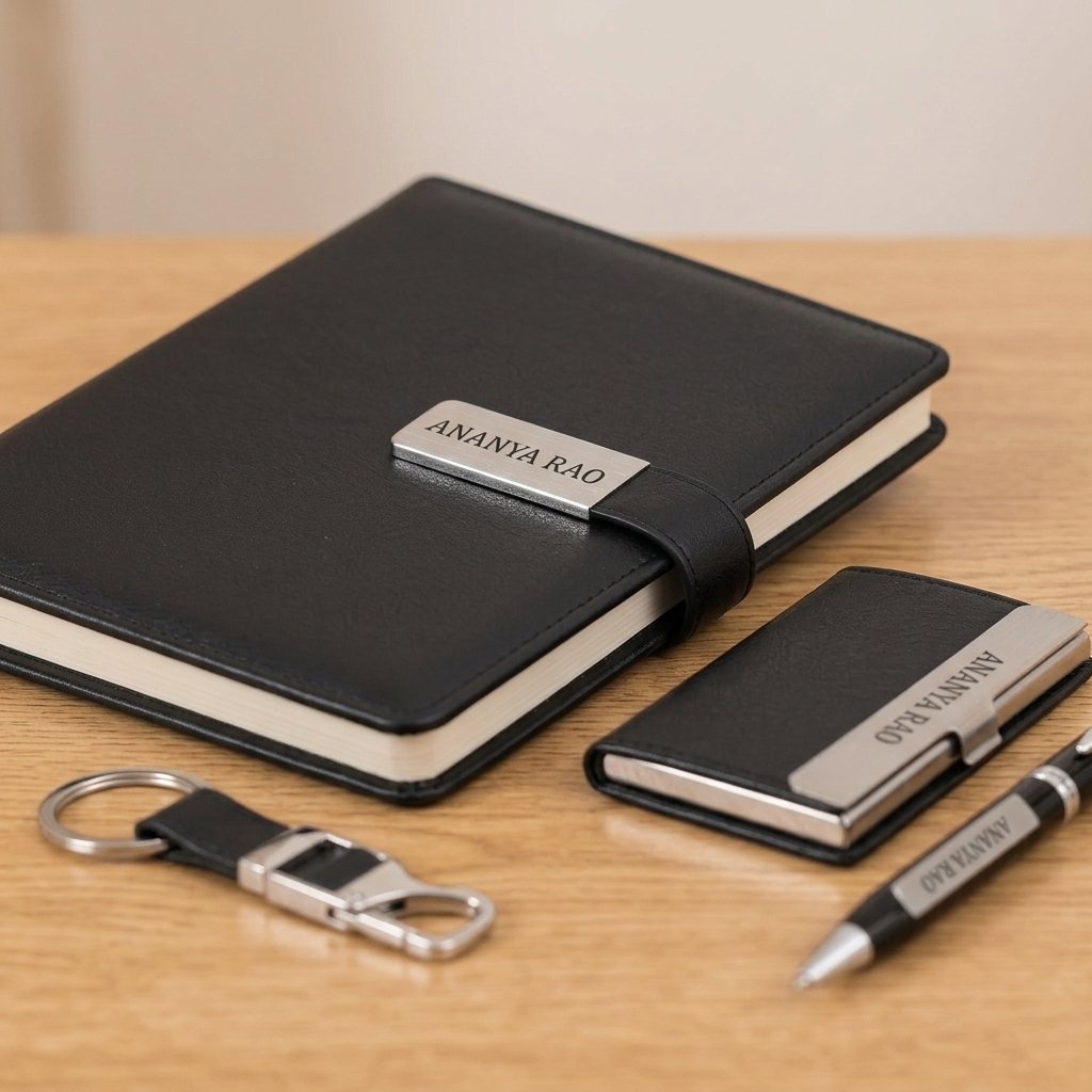 Close-up of the engraved steel name plates on the diary, card holder and pen