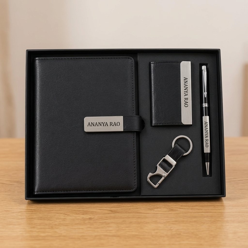 Personalised 4-piece gift set with diary, card holder, keychain and pen, all name engraved
