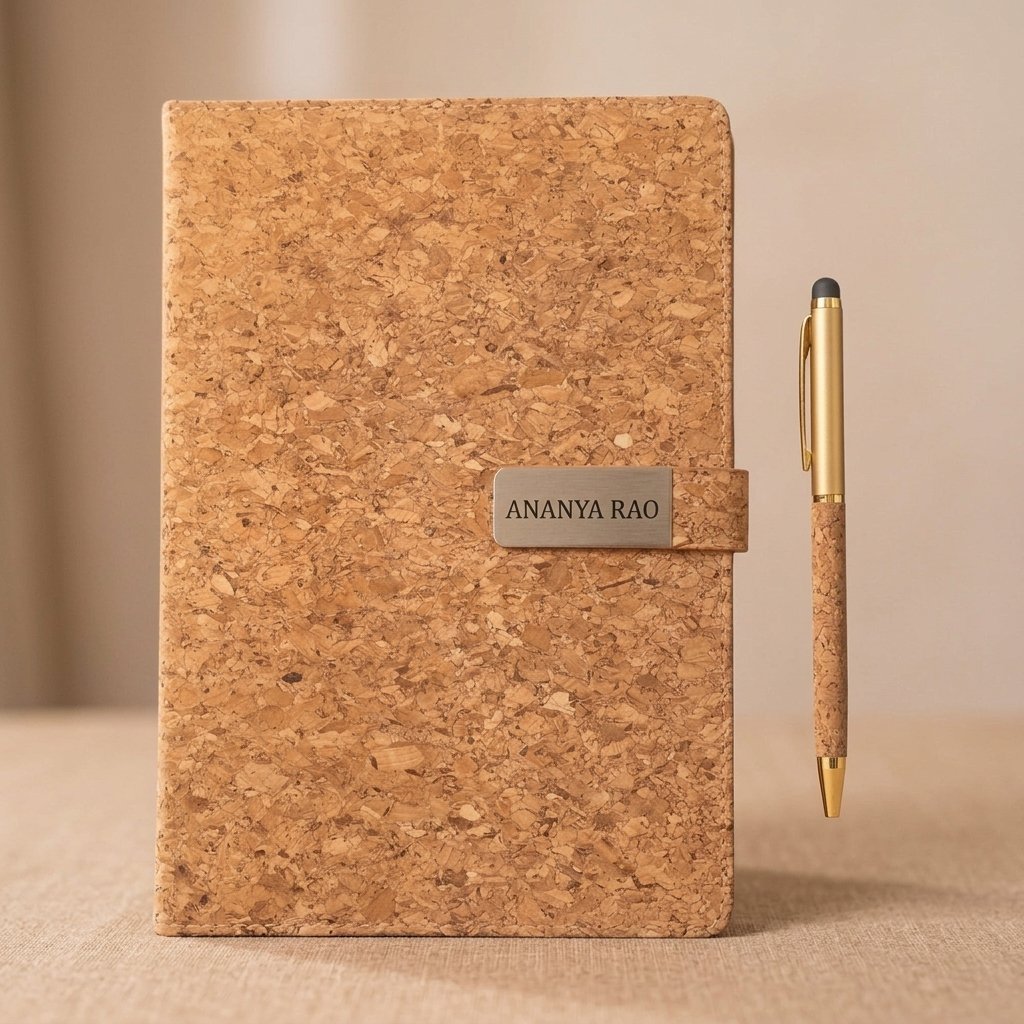 Close-up of the natural cork cover and engraved name plate with the matching cork pen