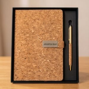 Personalised cork A5 diary with engraved name plate and matching cork pen in a gift box