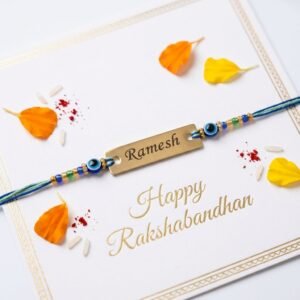 Personalised Evil-Eye Thread Rakhi with Name — close-up detail view showing personalisation and craftsmanship