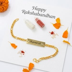 Personalised Gold Figaro-Chain Name Bracelet Rakhi — close-up detail view showing personalisation and craftsmanship