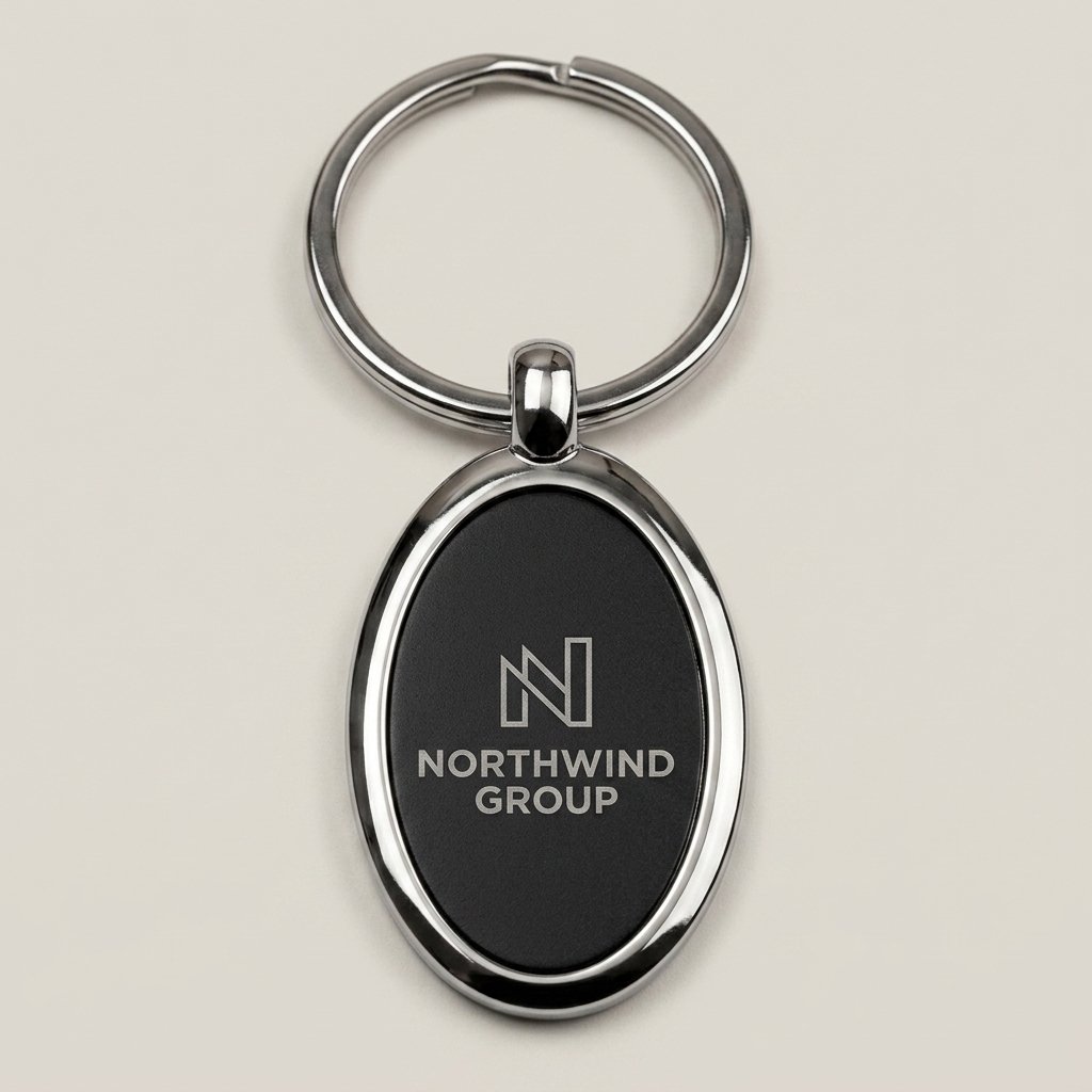 Company logo laser engraved on the black panel of an oval metal keychain