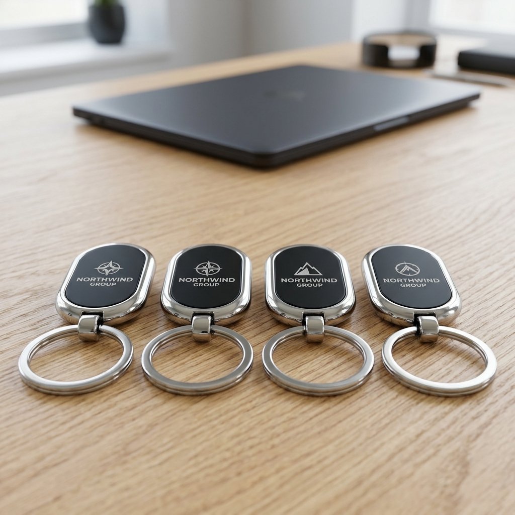 Four identical personalised oval logo keychains for corporate bulk gifting