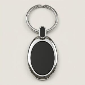 Personalised oval metal logo keychain with black insert panel and chrome frame