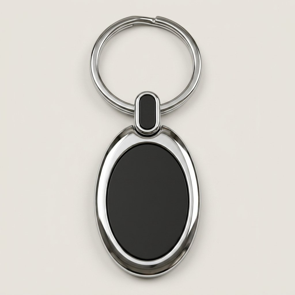 Personalised oval metal logo keychain with black insert panel and chrome frame