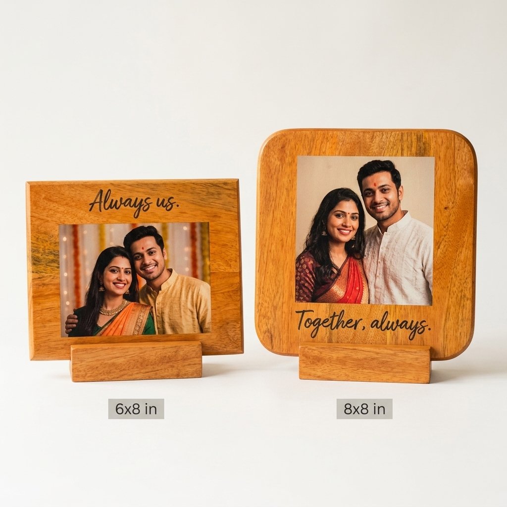 Personalised mango wood photo frames with quote in both sizes, 6x8 inch and 8x8 inch